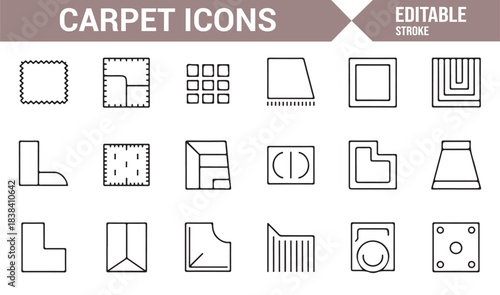 Vector Line Art Icons of Rugs, Carpets, Floor Mats, Fabric Blocks, and Woven Pattern Elements