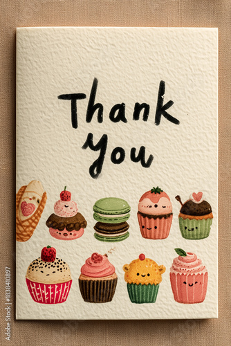 Vibrant cartoon-style illustration of assorted pastries with thank you message