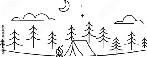 Minimalist hand drawn outline of a serene night camping scene in a tranquil forest with a tent and campfire under the moon and stars