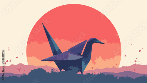 Origami crane, geometric angular paper folds silhouette against a large red sun, peace symbol, flat vector, white background