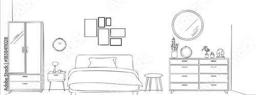 Minimalist line art bedroom interior illustration with modern furniture and stylish decor elements creating a cozy home atmosphere