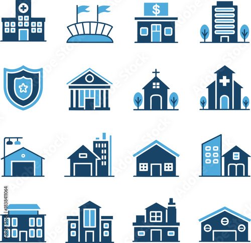 Collection of building icons representing various structures including government offices, sports arenas, and residential areas