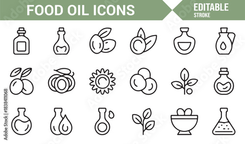 Culinary Ingredient Vector Icons Featuring Oil Bottles, Drops, Herbs, Seeds, Fruits, and Natural Elements
