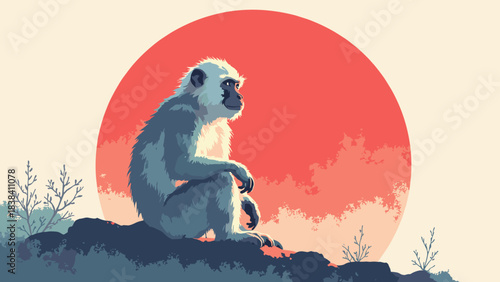 Japanese Macaque (Snow Monkey), seated profile silhouette against a large red sun, wildlife art, flat vector, white background