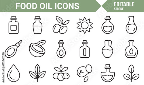 Natural Extract Line Icons Showing Fruits, Leaves, Bottles, Drops, and Cold-Pressed Oil Shapes