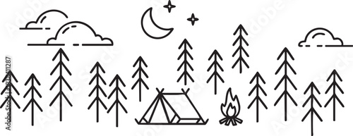 Minimalist line art illustration of a serene night camping scene in a tranquil pine forest under the starry moonlit sky