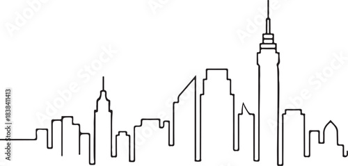 Precise Black and White Continuous Line Skyline in Technical Vector Style with Clean Architectural Outline