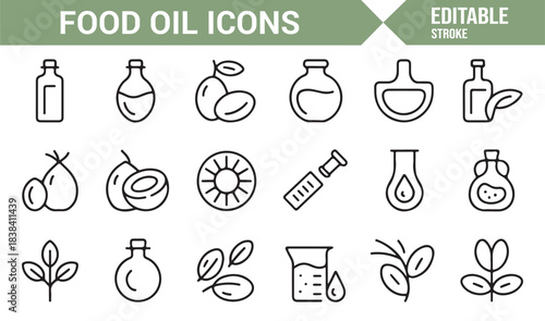 Clean Line Icons Representing Olive Branches, Oil Bottles, Coconut Halves, Drops, and Botanical Oils