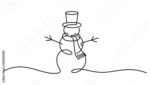 Continuous line art illustration of a cheerful snowman wearing a hat and scarf with open arms in a minimal festive winter holiday seasonal design