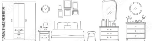 Minimalist outline drawing showcasing a complete set of bedroom interior design elements isolated on transparent background