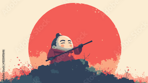 Daruma doll, round roly-poly silhouette against a large red sun, goal setting symbol, flat vector, white background