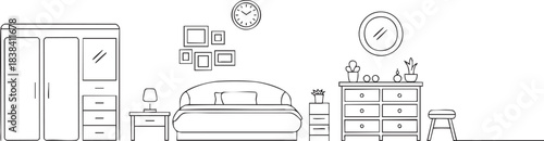 Modern minimalist bedroom interior design line art illustration featuring essential home furniture and decor elements