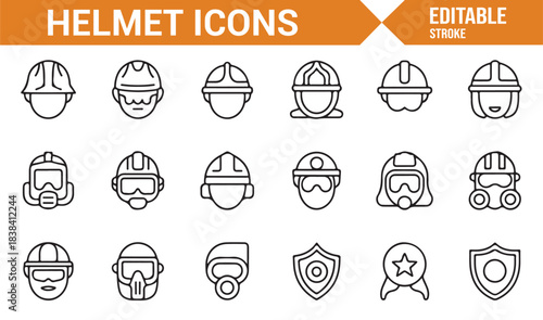 Editable Stroke Protective Gear Icons Showing Helmets, Visors, Shields, Respirators, and Industrial Masks