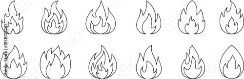 Various flame fire outline icons set showing different shapes and styles simple vector illustration