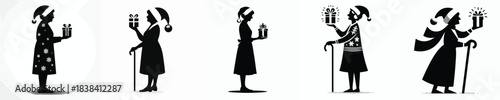 vector silhouette full body of a grandmother stand carrying a Christmas gift