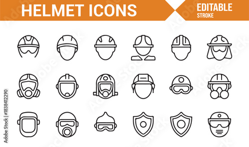 Safety Helmet Icon Set Featuring Construction Gear, Firefighter Helmets, Masks, Goggles, and Shields