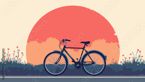 Bicycle leaning on a wall, simple transport silhouette against a large red sun, urban chill, flat vector, white background