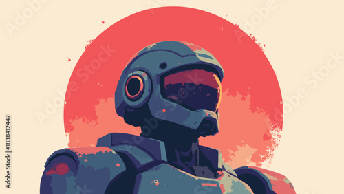 Robot / Mecha head, futuristic helmet silhouette against a large red sun, sci-fi japan, flat vector, white background