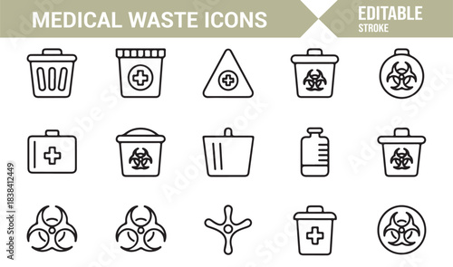 Hospital Waste Symbol Set Featuring Safety Containers, Biohazard Labels, Vials, and Infectious Waste Items
