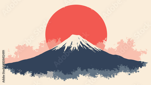 Mount Fuji peak with snow cap, bold black silhouette against a large solid red sun, minimalist Japanese art, high contrast, flat vector, white background