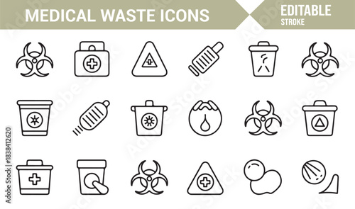Clean Line Medical Icons Featuring Waste Bins, Hazard Labels, Vials, Syringes, and Contaminated Materials