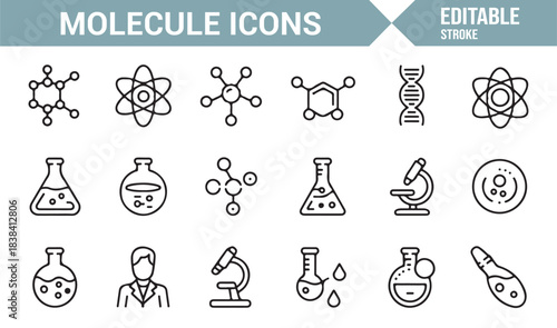 Molecule Icon Set Featuring Atoms, DNA, Flasks, Test Tubes, Cells, Scientists, and Chemical Structures