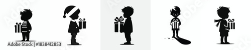 vector silhouette of a little boy carrying a Christmas gift