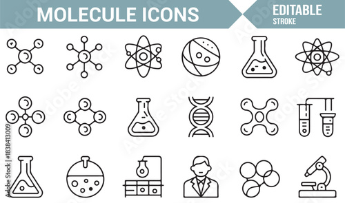 Minimalist Molecule and Lab Icons Representing Chemistry Equipment, DNA, Atoms, and Microbiology