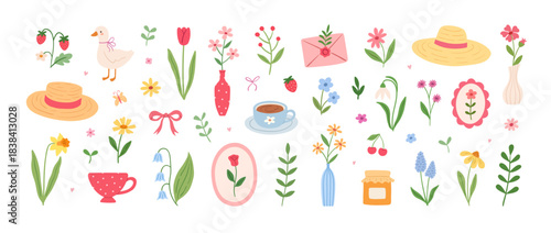Cute cozy set of spring elements with flowers, tea, vases, hats, call duck, berries