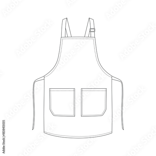 Outline drawing of a bib apron with two front pockets and adjustable straps