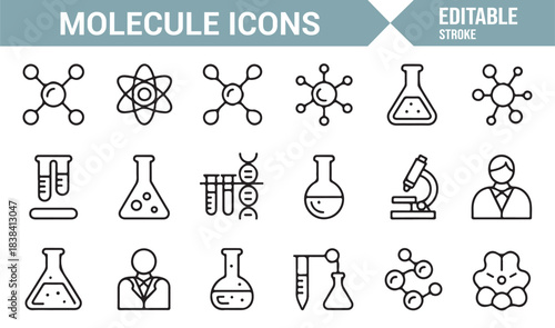 Scientific Research Icon Set Featuring Molecules, Beakers, Cells, Structures, and Test Tube Designs