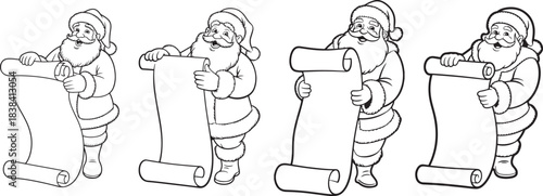 Set of line art santa claus holding scroll outline collection for festive season decoration