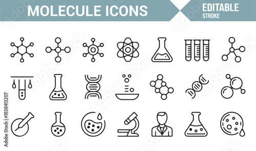 Vector Icon Collection of Scientific Elements Such as Molecules, DNA, Flasks, Experiments, and Samples