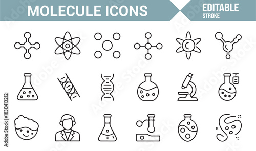 Clean Line Molecular Icons Including Reaction Symbols, Test Tubes, Cells, and Scientific Equipment