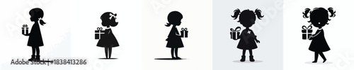 vector silhouette of a little girl carrying a Christmas gift