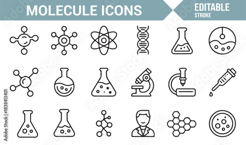 Editable Stroke Science Icons Representing Laboratory Tools, Molecules, Reactions, and Research Elements