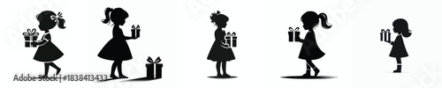 vector silhouette of a little girl carrying a Christmas gift