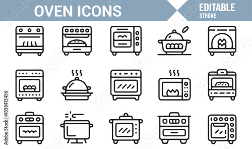 Cooking Machine Icons Featuring Ovens, Microwaves, Kitchen Tools, Pots, Plates, and Heating Signs