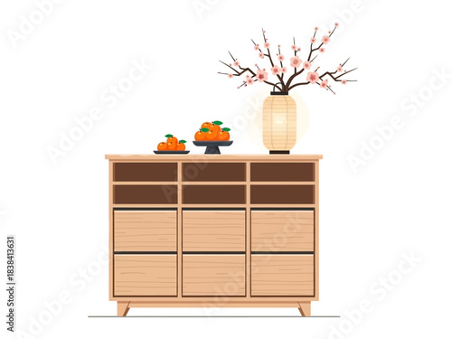 Wooden Cabinet with Oranges and Cherry Blossom Lantern