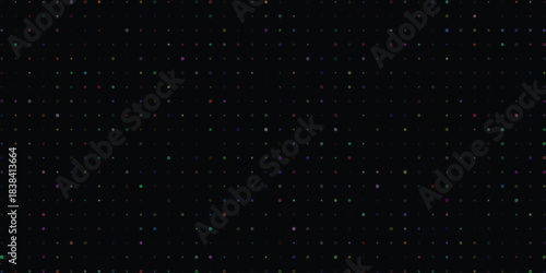 Vibrant multicolored dot pattern against a deep black background, creating a dynamic and abstract visual display of scattered points