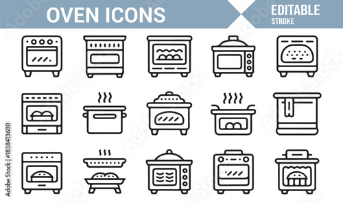 Food Preparation Icon Collection Showing Ovens, Pots, Plates, Cooking Dishes, and Heating Symbols
