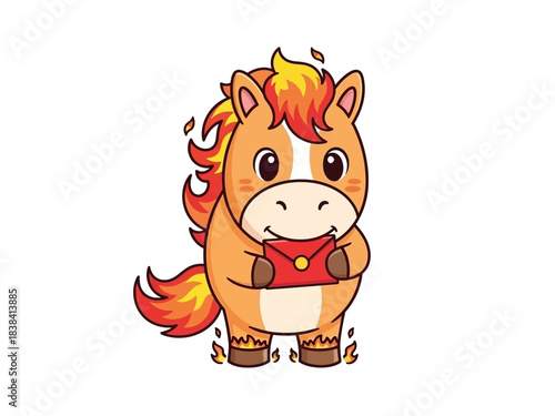 Cartoon Horse with Fiery Mane Holding a Red Envelope
