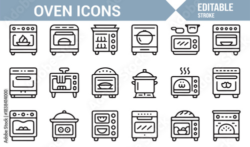 Editable Stroke Vector Icons Showing Cooking Ovens, Stovetops, Pots, Food Trays, and Heat Indicators