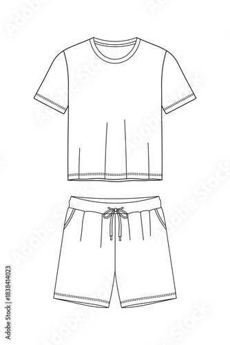 Fashion flat sketch of women's short sleeve tshirt and drawstring shorts set