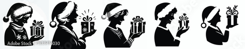 vector silhouette of a grandmother carrying a Christmas gift
