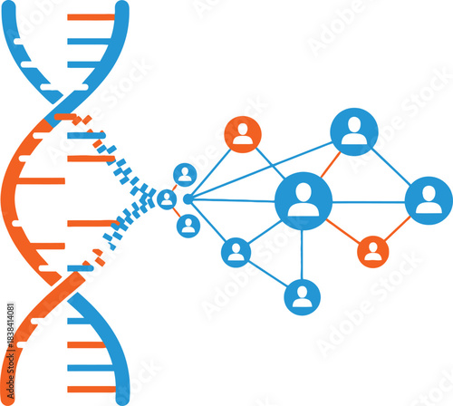 DNA double helix connected to a network of human profiles showing genetic ancestry and genealogy research for medical science and social family tree connection.