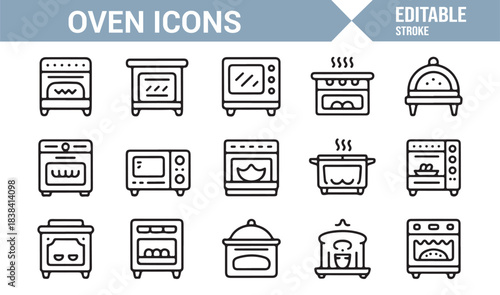 Oven Appliance Icon Set Featuring Stoves, Microwaves, Roasters, Pots, Baking Dishes, and Heat Symbols