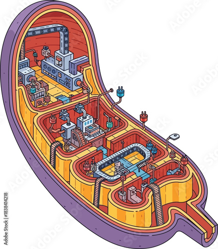 Cross section of cell depicted as industrial factory with conveyor belts and machinery showing metabolism and protein synthesis process for science education study.