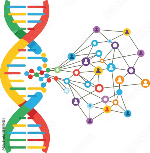 DNA double helix transforming into a social network of connected people icons showing genetic ancestry and genealogy research for science technology concept design.