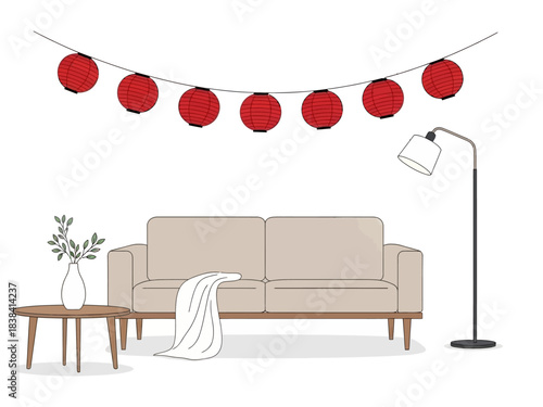 Cozy Living Room with Beige Sofa, Red Lanterns, and Modern Lamp
